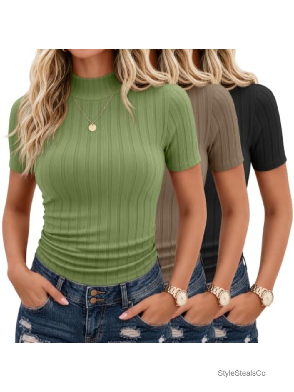 3 Pack Women's Mock Turtleneck Short Sleeve Tops Ribbed Slim Fit Tees